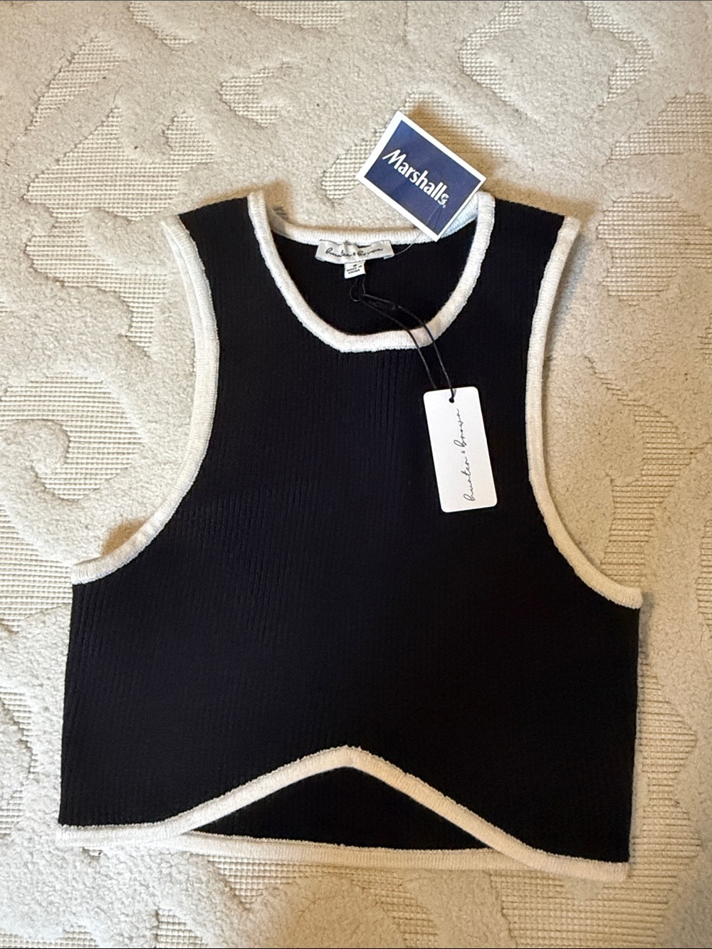 Black Crop Tank with Cream Trim - Women’s Ribbed Knit